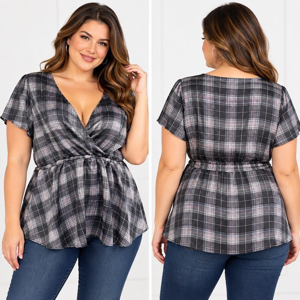 Torrid 4X Black Gray Plaid Blouse Top V Neck Short Puffed Sleeve Empire Waist
